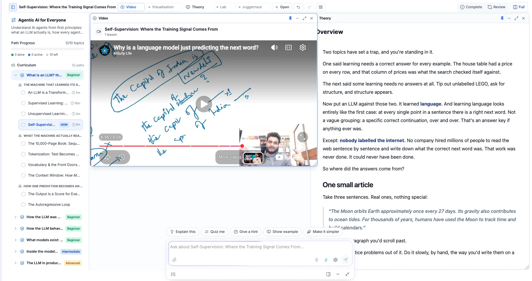 A topic open in the AIQuity Life playground with the learning agent below