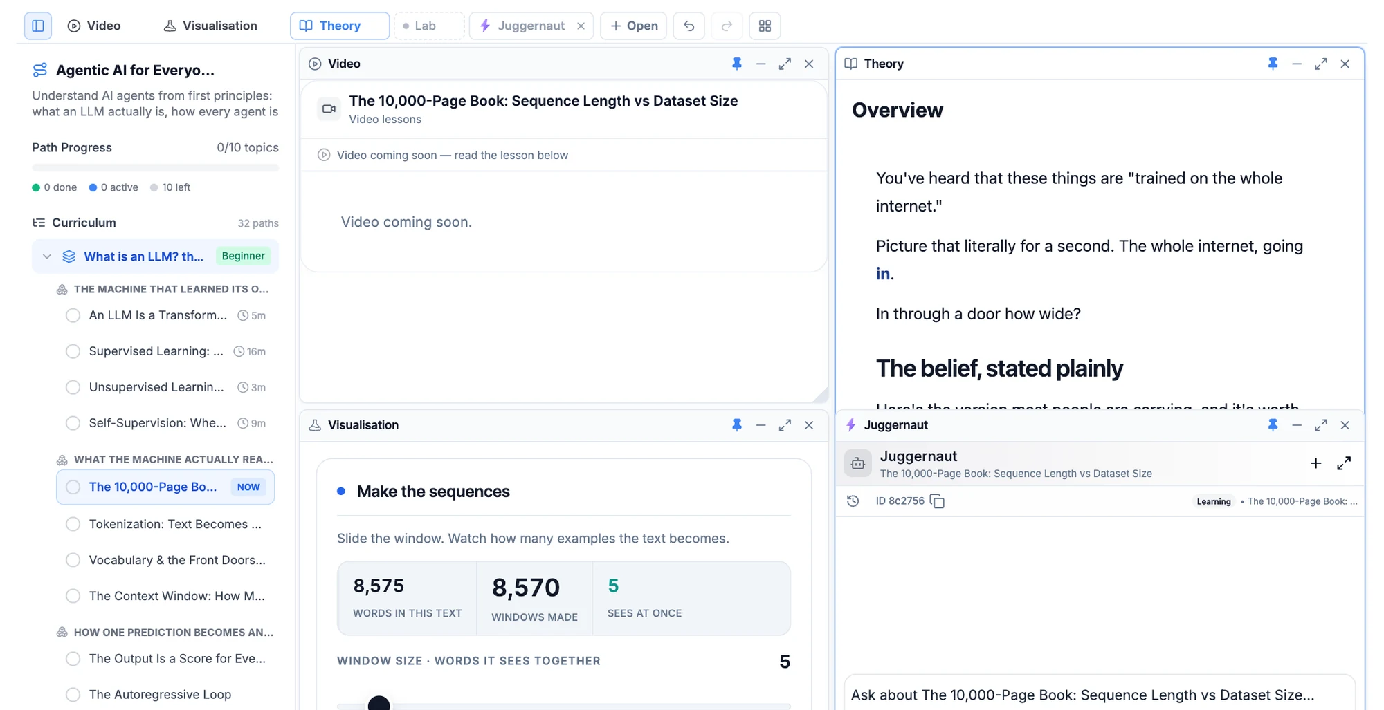 The topic playground with tabs and the learning agent